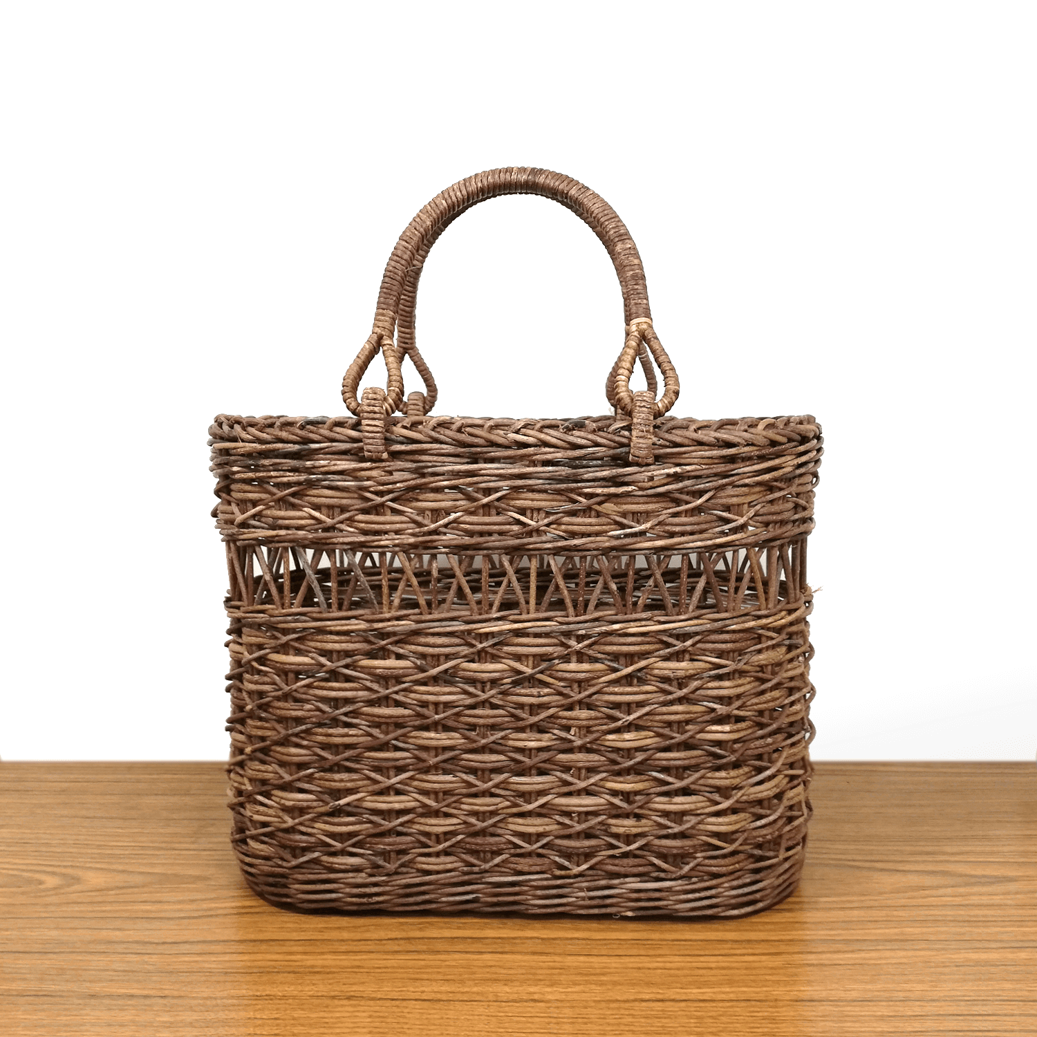 あけび籠　ブラウン 編み込み かごバッグ　中 一点物｜あけび-かごバッグ｜たすき編み｜矢来編み｜中サイズ｜小判底