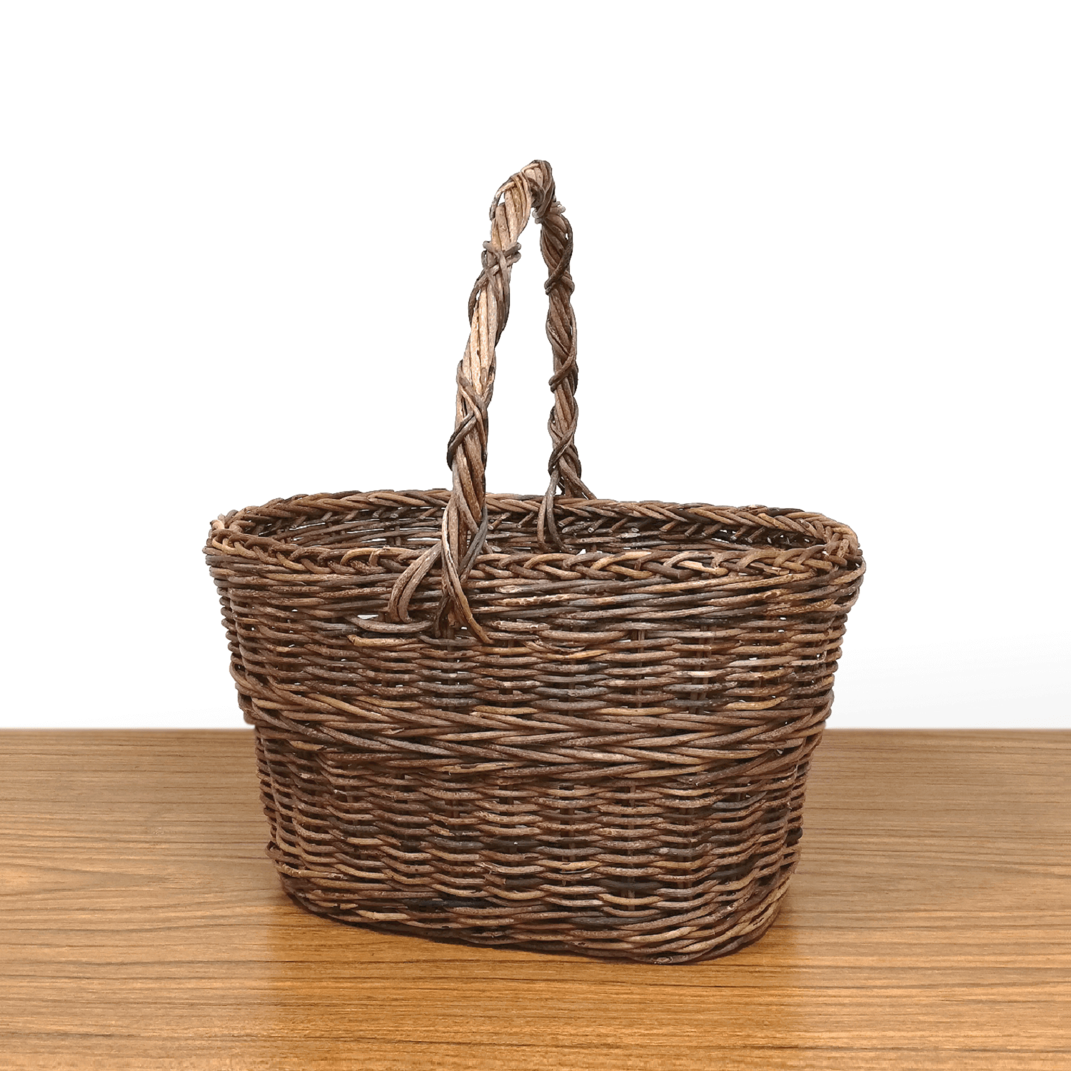 ミニバスケット|買い物かご|並編み|鉢カバー|小サイズ|楕円底|口広|一本手|あけび蔓細工|つるかご