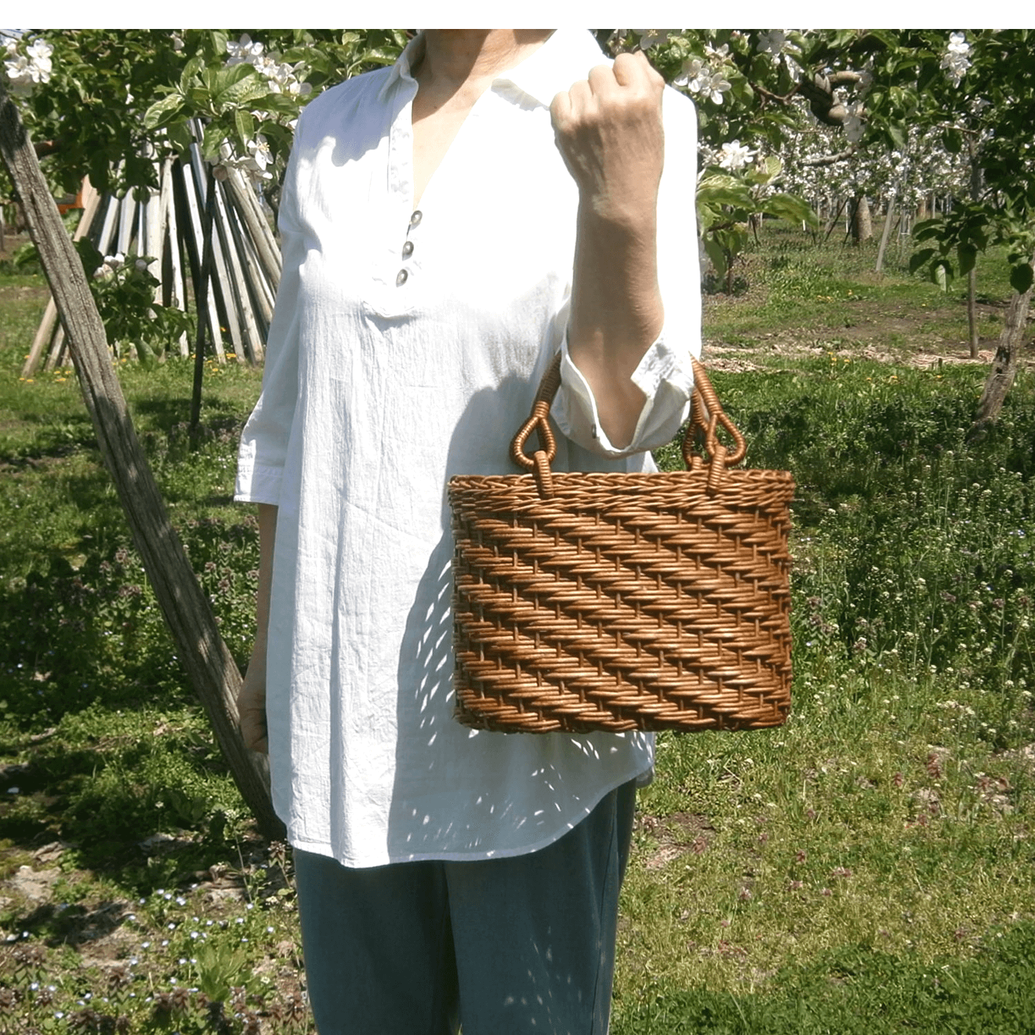 あけび-かごバッグ｜ほら編み｜小サイズ｜小判底｜ブラウンポッケ